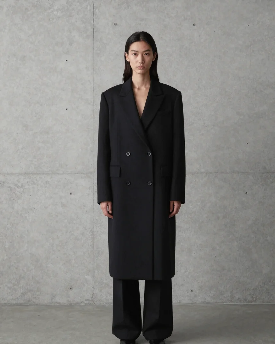 Minimalist fashion portrait of a model in a sharp black tailored